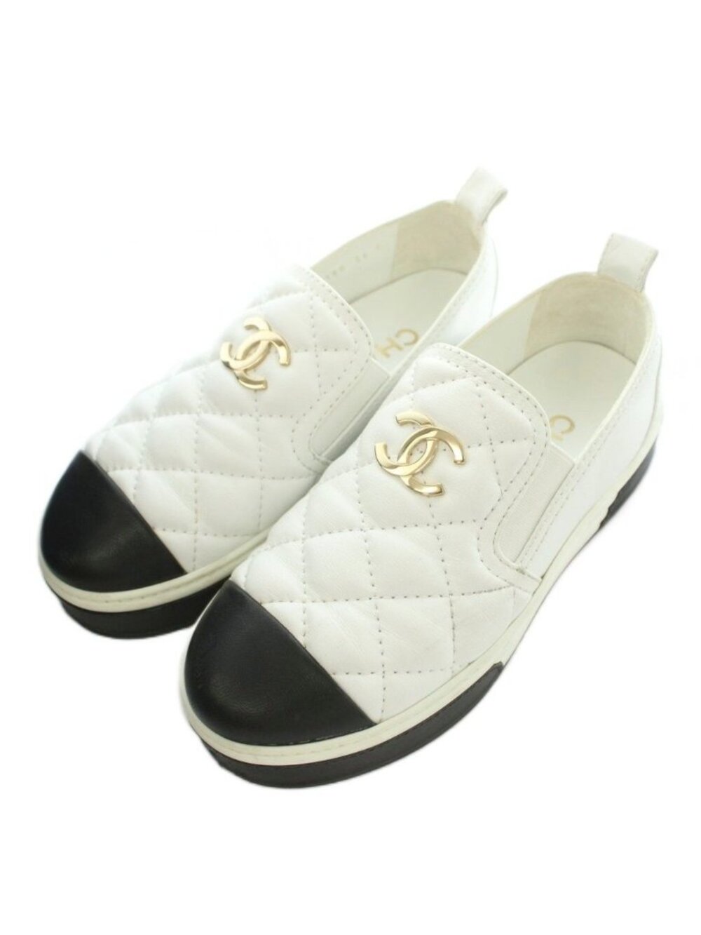 Chanel CC Logo Quilted Leather Slip on Shoes Thick Sole Switch Bicolor White 36